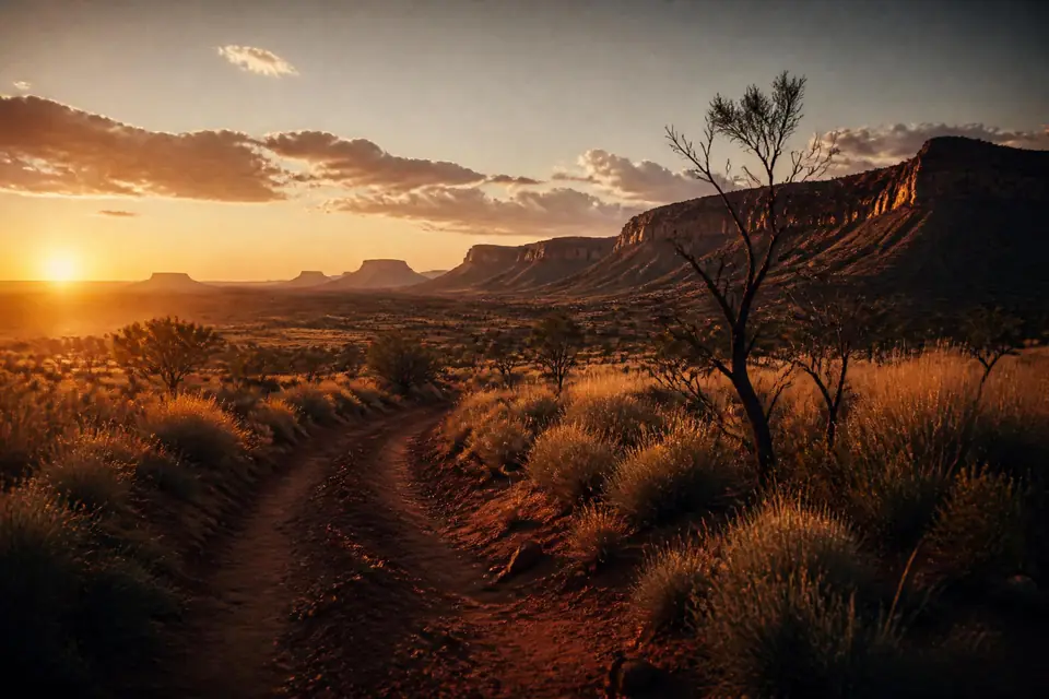 Red dirt track running through spinifex toward Australian escarpment ranges at dawn